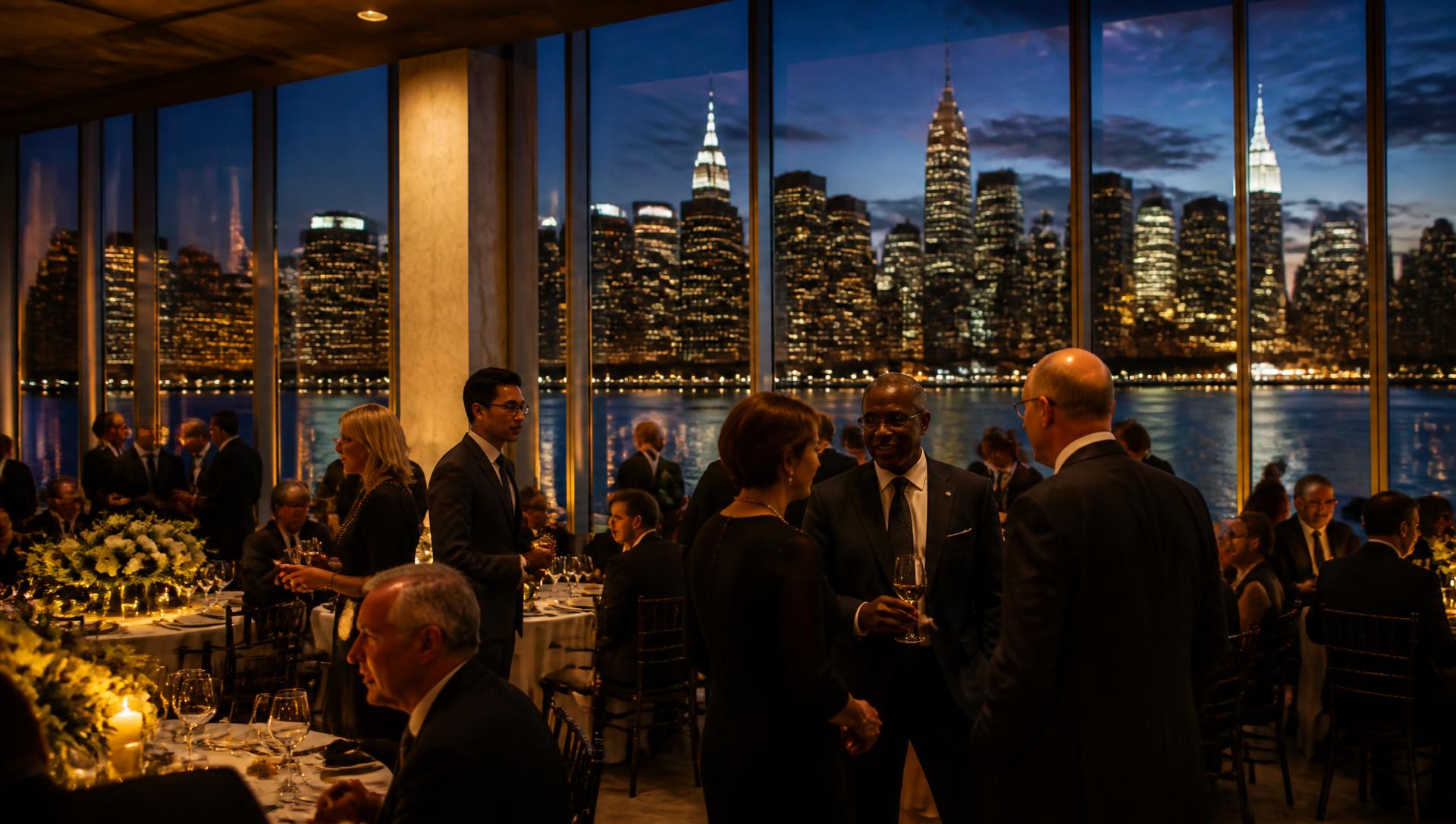 Elegant gala reception overlooking the Manhattan skyline at dusk